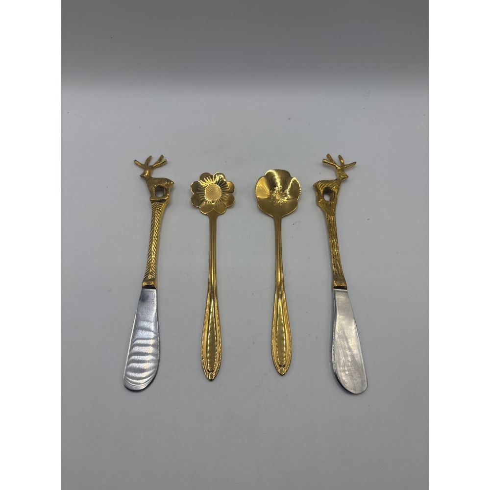 4pc Gold Deer Stag and Flower Appetizer Set Cheese Spreaders and Spoons
